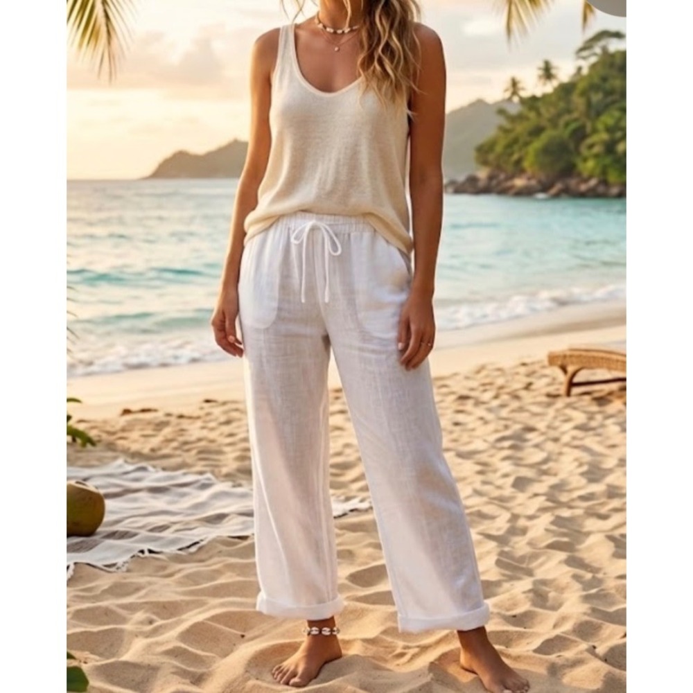 Tasso Elba Island White‎ 100% Linen Drawstring Pants Womens XXL Relaxed Beach